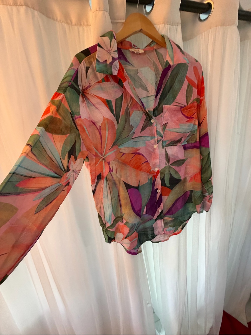 Tropical Sheer Button-Down Shirt - Pink Floral